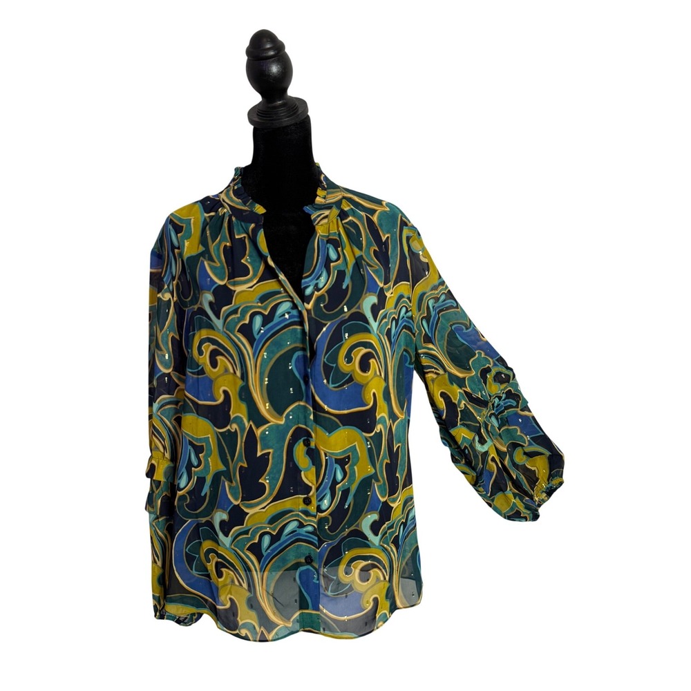 Chicos Metallic Paisley Print Chiffon Blouse Ruffle‎ Neck Top Size 2 Large Sheer